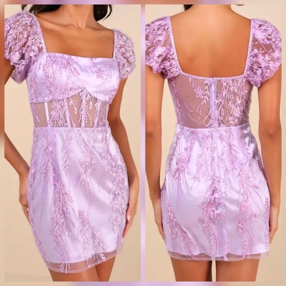 Lulus Dresses & Skirts - Lulus Seriously Cute Lavender Floral Embroidered Mesh Puff Sleeve Mini Dress